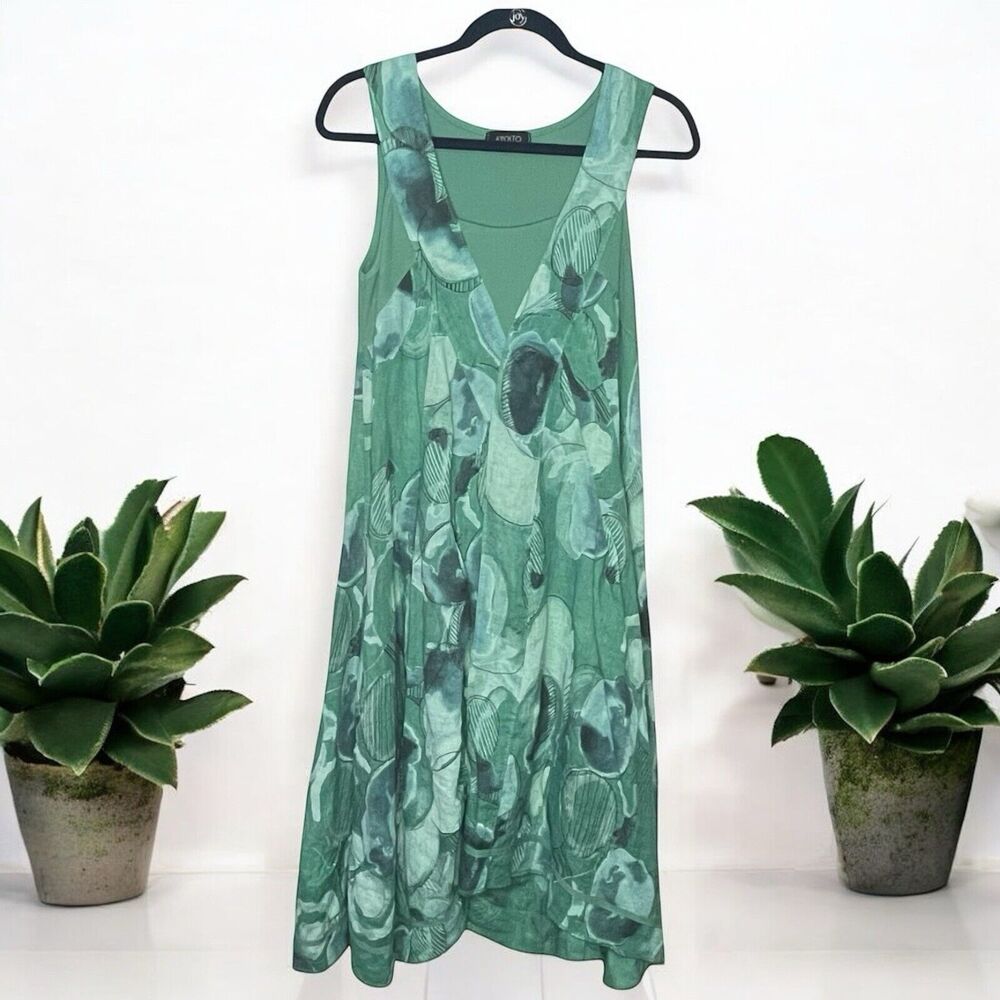 Avolto Green Placket Front Flax Linen Olive Print Maxi Dress Made In Italy Small